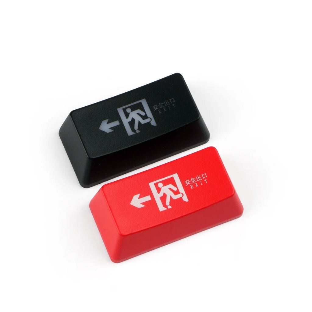 Safety evacuation exit key cap for mechanical keyboards in red and black colour options