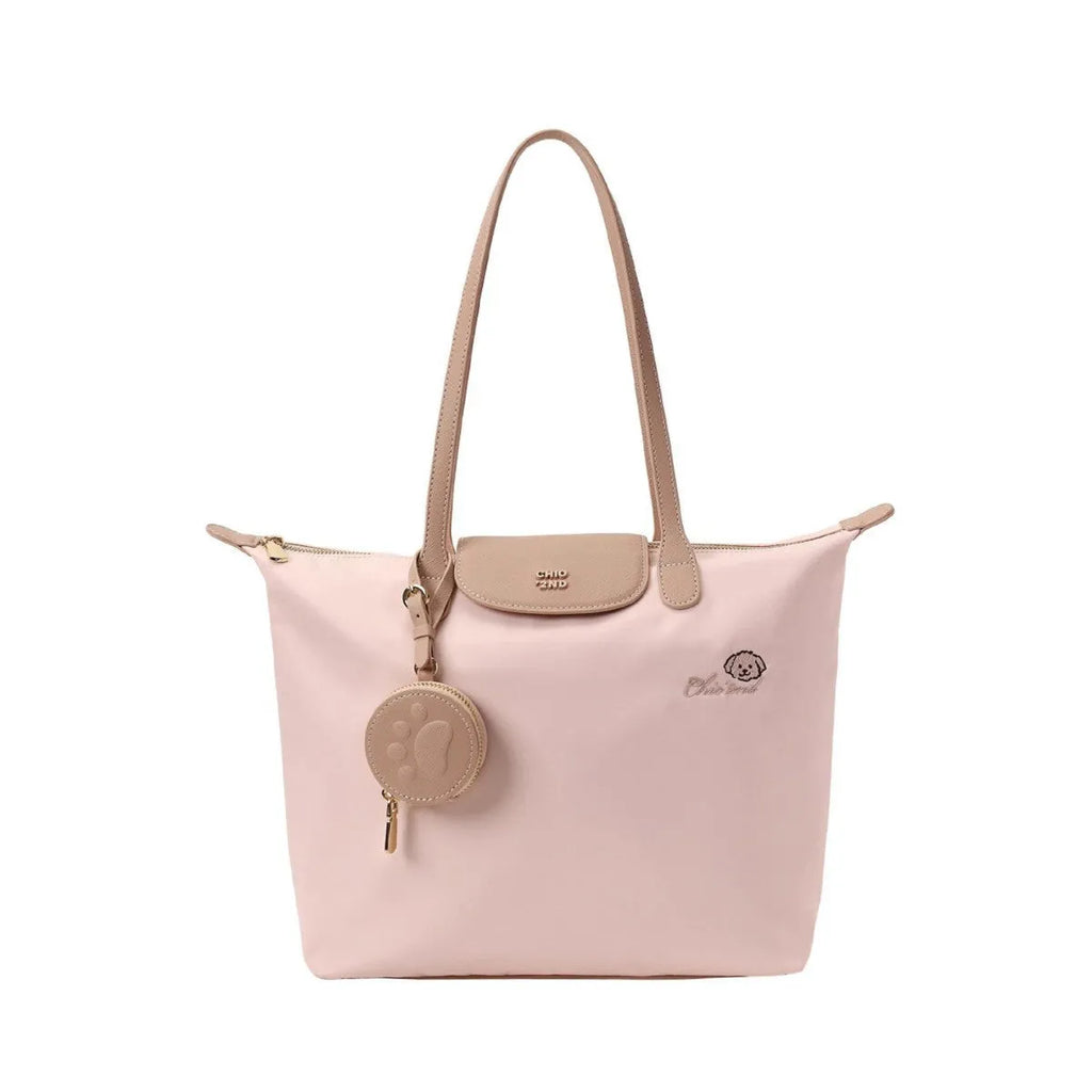 Pink Oxford cloth shoulder tote with sandwich pockets and square shape showing internal mobile phone compartment