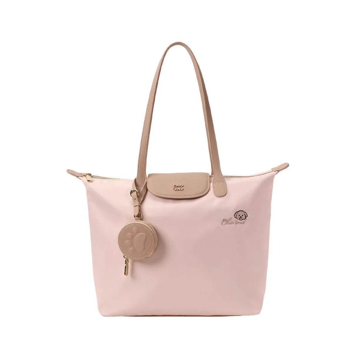 Pink Oxford cloth shoulder tote with sandwich pockets and square shape showing internal mobile phone compartment