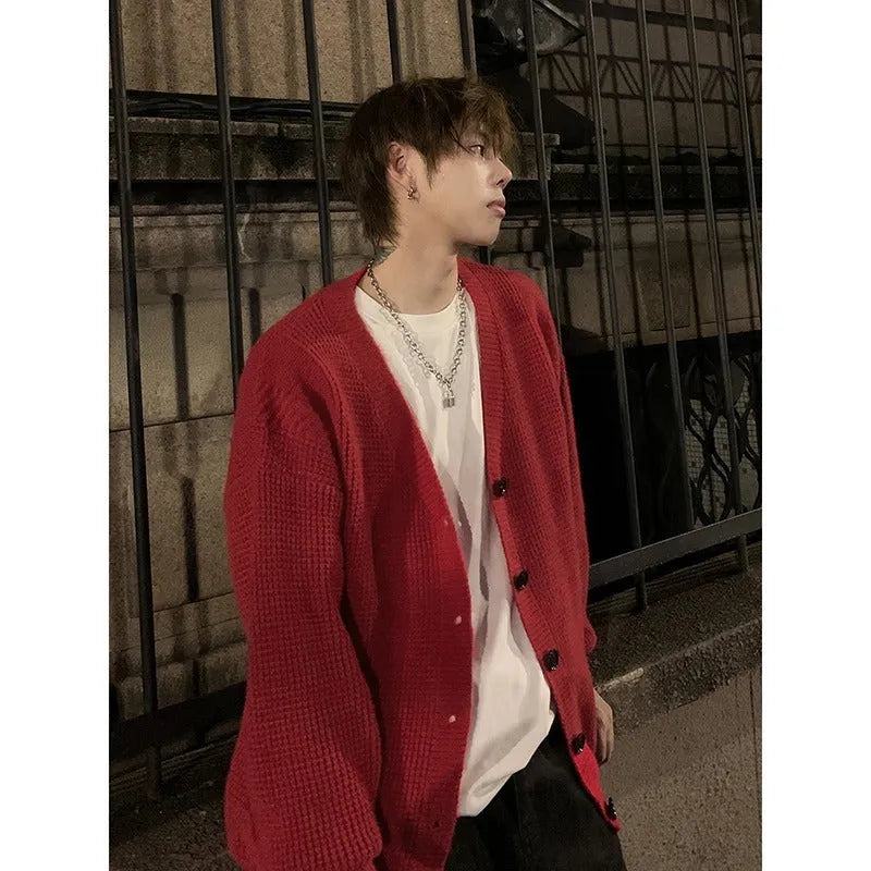 Men's cotton blend V-neck cardigan knitting sweater in loose fit casual style