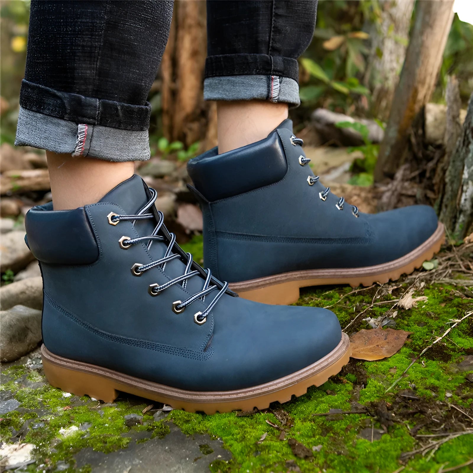 Men's pink Martin boots with velvet lining showing round toe and lace-up front design