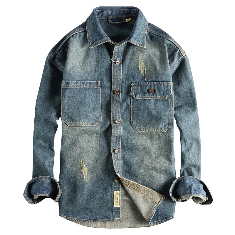 Men's washed vintage denim shirt in light blue loose fit cardigan style