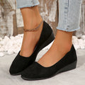 Women's plus size low wedge pumps in Gommino style with pointed toe and suede upper.