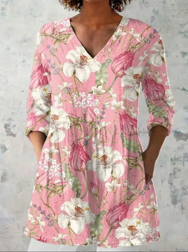 Women's retro slim fit printed long-sleeved top in a selected colour style.