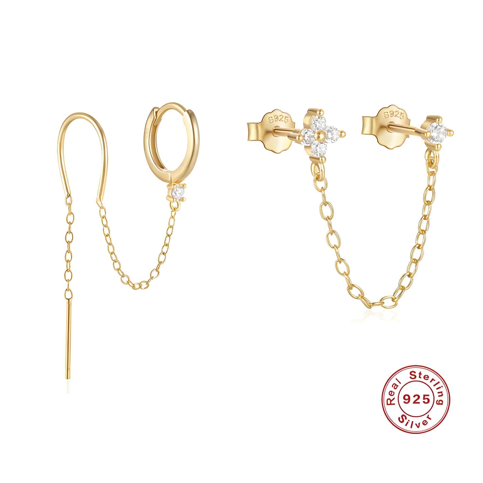 Close-up of a women's S925 sterling silver stud earring with a diamond flower, chain, and tassel design in a gold colour.