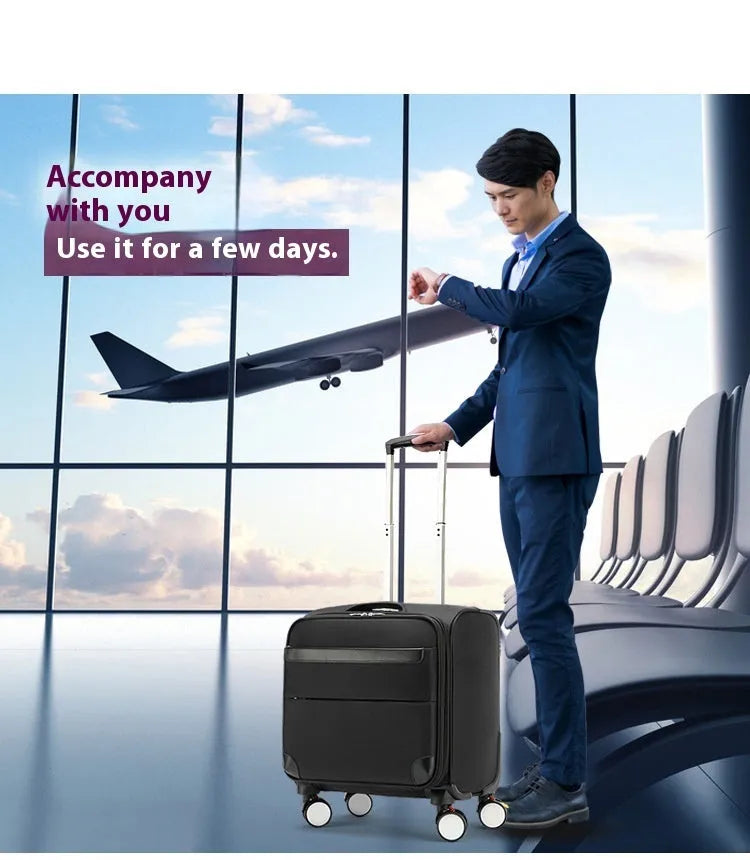 Black 18-inch Oxford cloth carry-on suitcase with wheels and pull handle for business travel.