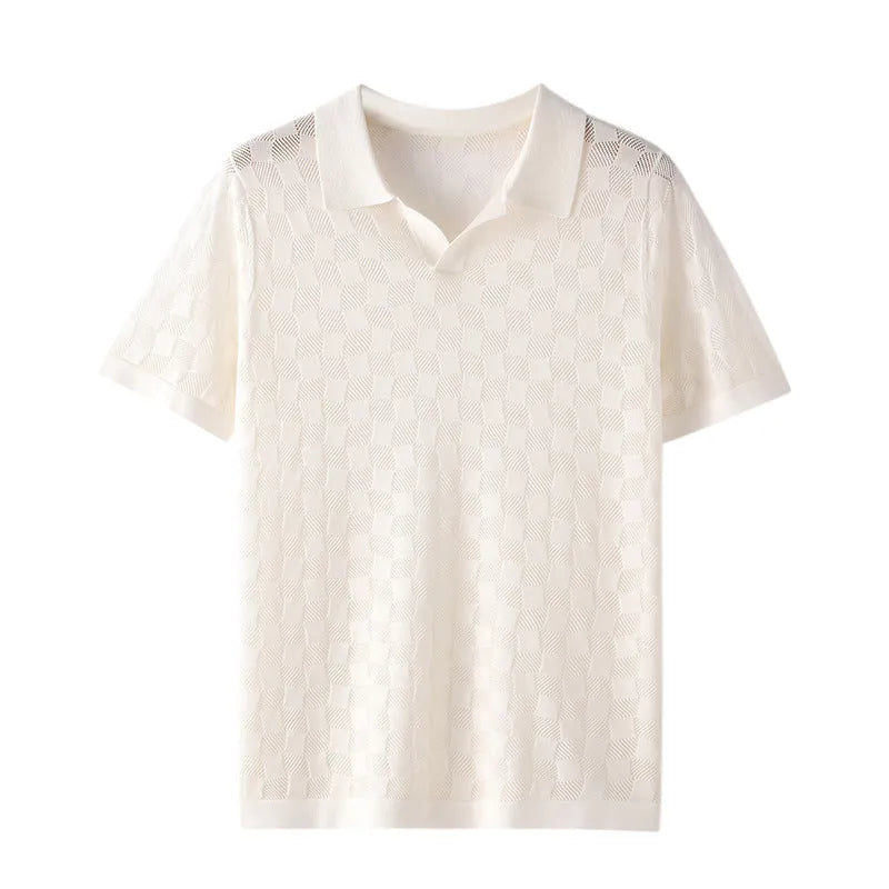 Men's short sleeve business casual lapel sweater in mulberry silk, available in black, white, gray and camel colours