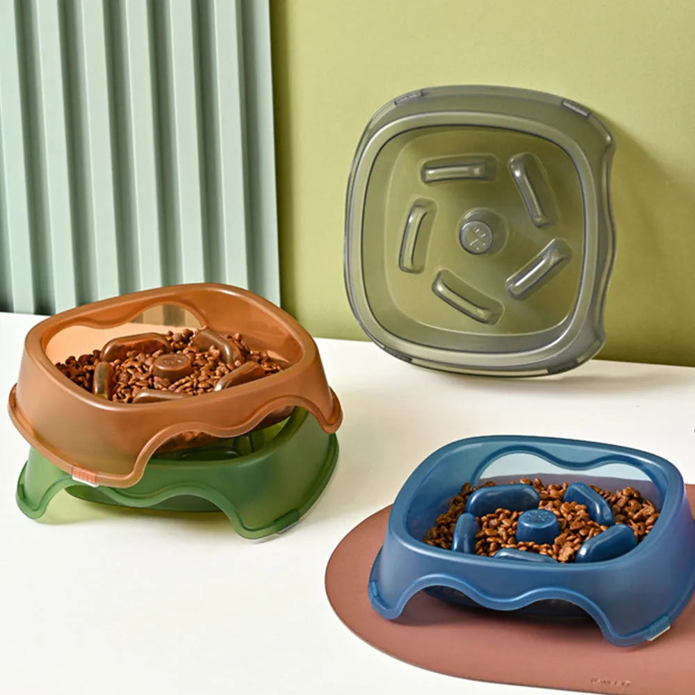 Pet dog slow feeder bowl in blue with anti-choking design for controlled feeding
