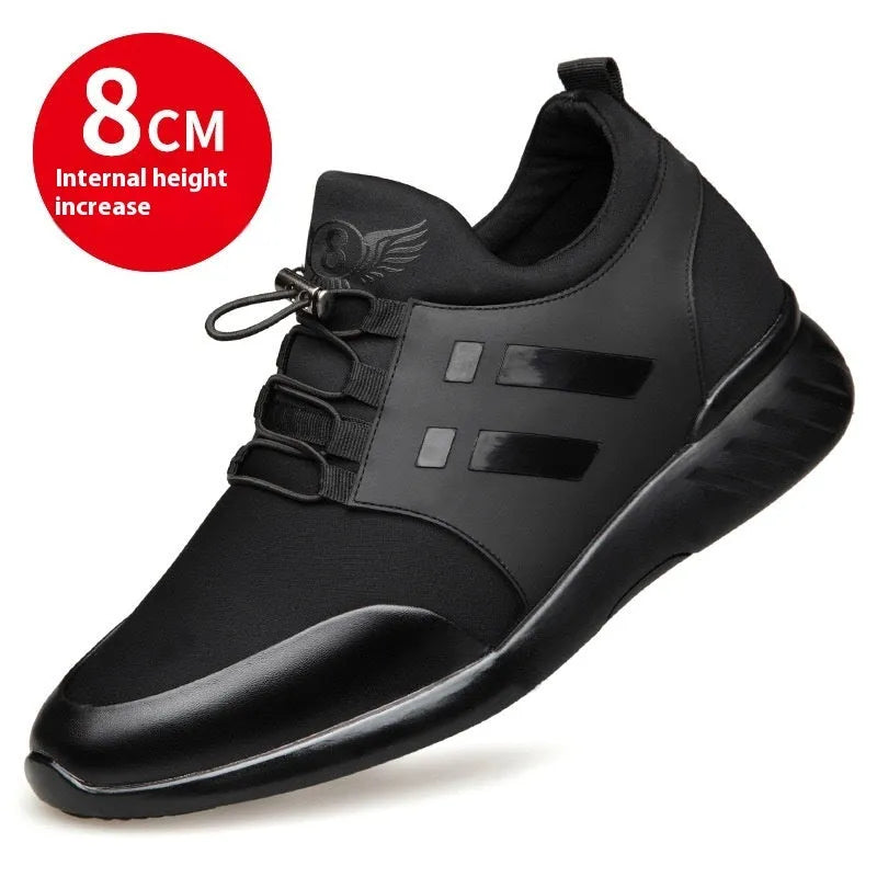 Men's black casual height increasing shoes with round toe and chunky rubber sole