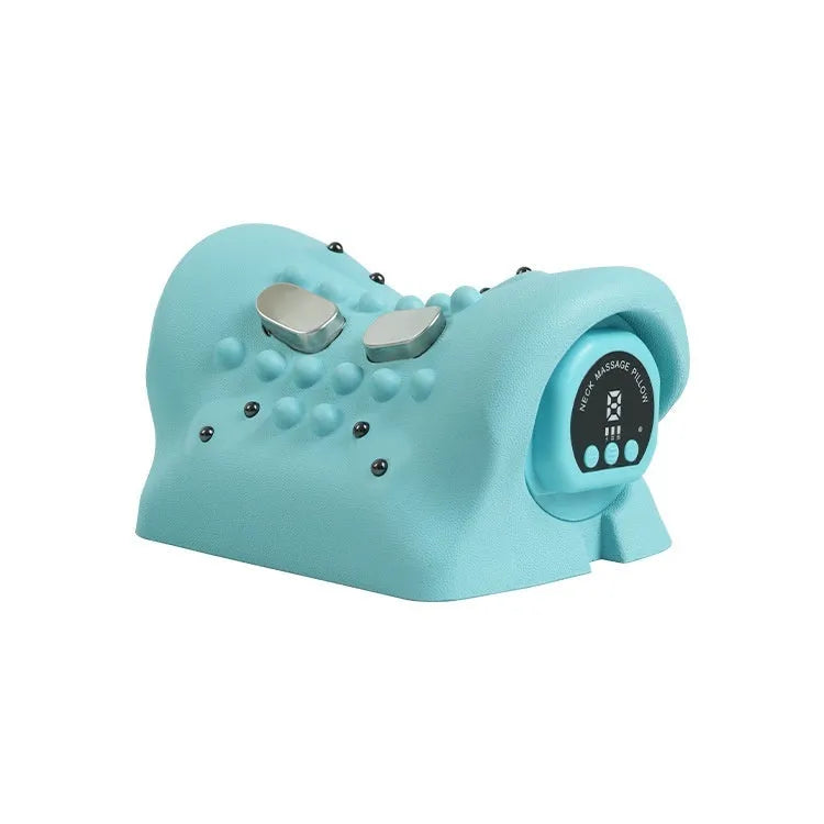 Blue-green portable cervical spine massage pillow with EMS and heat therapy functions