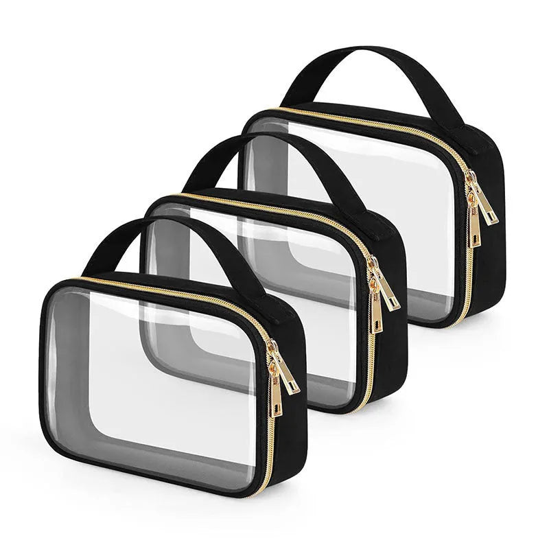 Transparent PVC cosmetics wash bag with chain in multiple colour options on a white background.