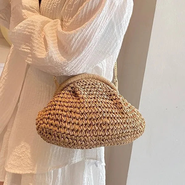Women's straw beach shoulder bag with leather-look trim in khaki colour