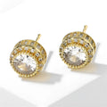 Round copper stud earrings with inlaid zircon in gold tone on white background