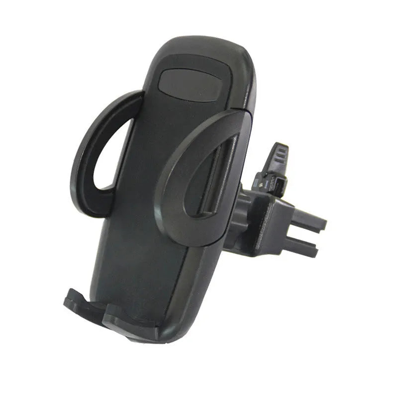 Black plastic car vent phone holder mounted on air conditioning outlet with smartphone