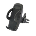 Black plastic car vent phone holder mounted on air conditioning outlet with smartphone