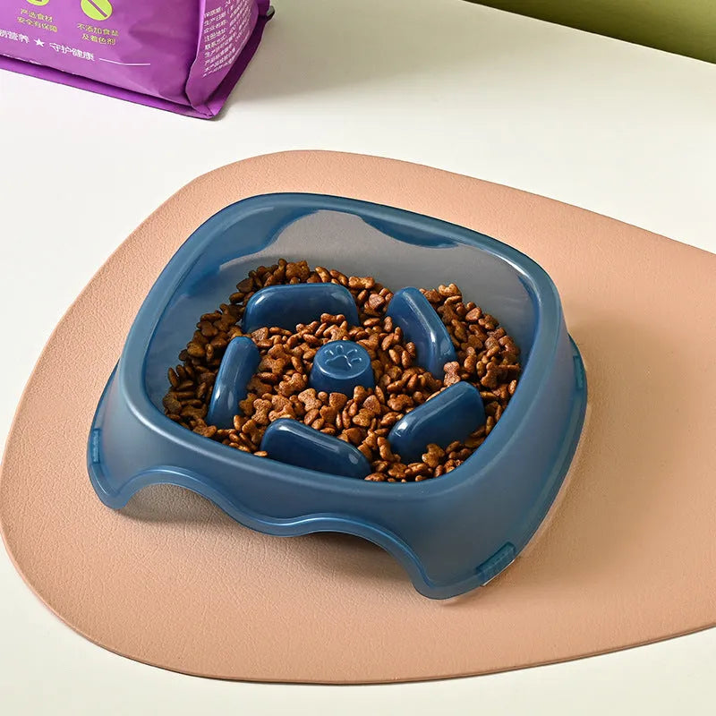 Pet dog slow feeder bowl in blue with anti-choking design for controlled feeding