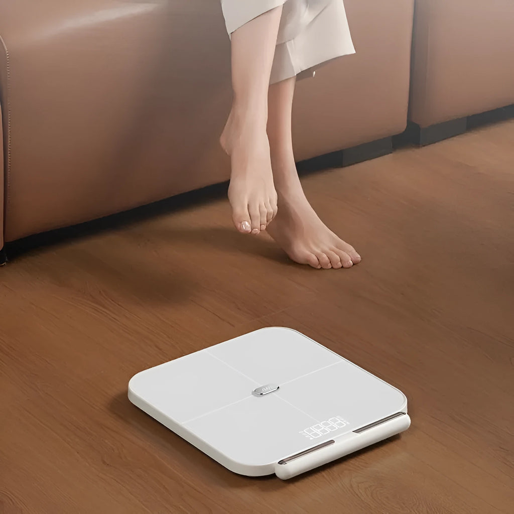 White professional body fat scale with tempered glass platform and 8 electrodes for body composition measurement