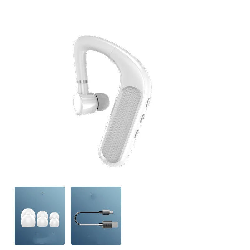 Wireless Bluetooth earphones in black with hanging ear design and silicone ear caps
