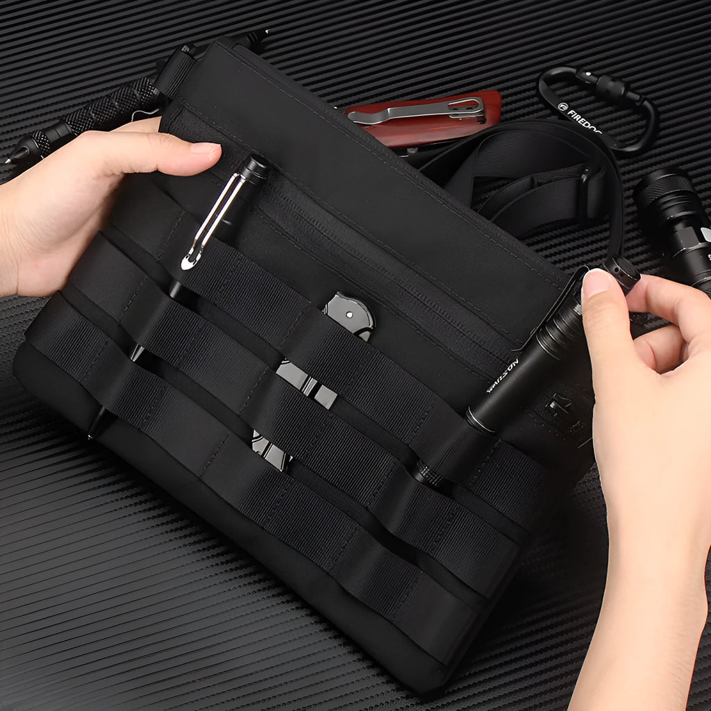 Black Oxford cloth outdoor belt bag with compact 18cm by 3.5cm dimensions for tactical and sports use