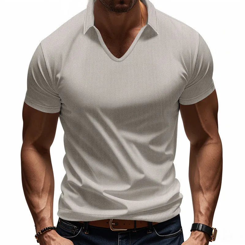Men's V-neck short sleeve cotton blend top in loose fit with solid colour options