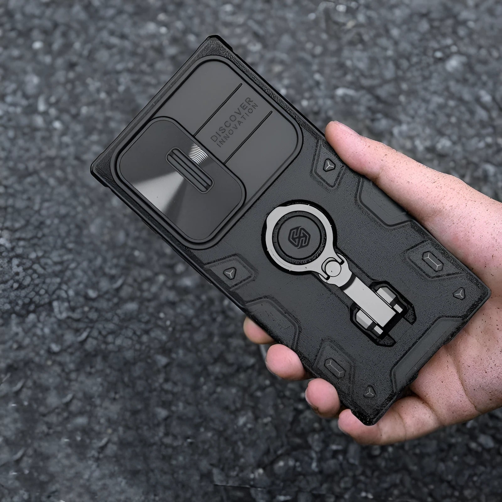 Samsung S23 Ultra PC+TPU phone case with sliding lens cover and bracket ring in black