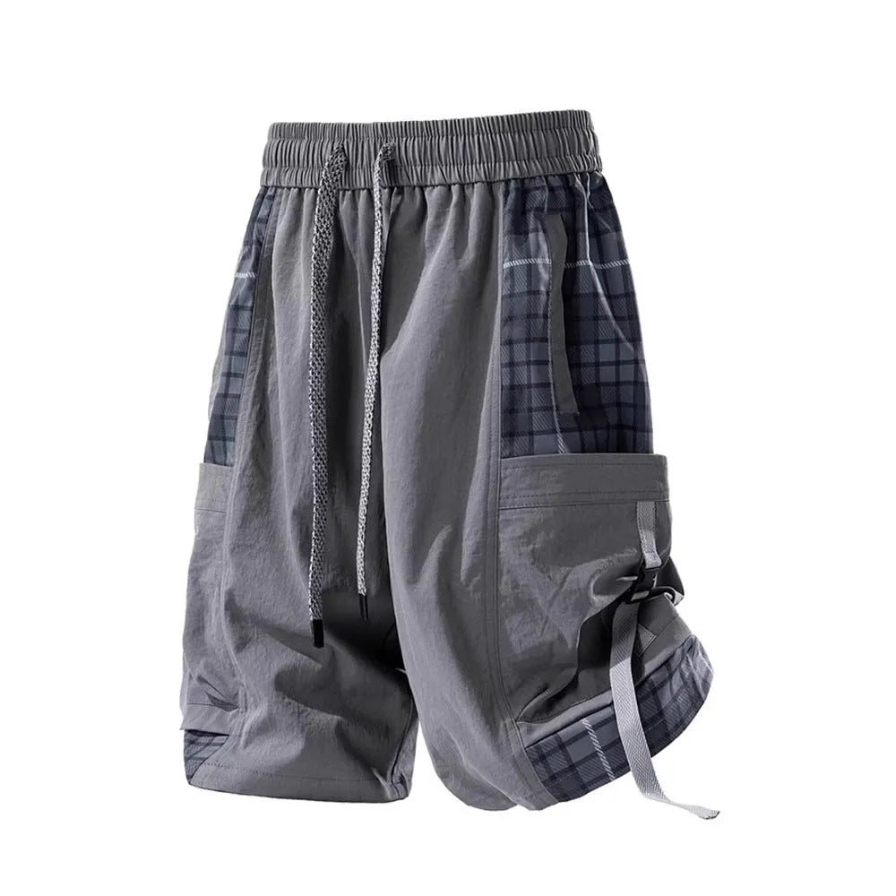Men's loose fit cargo shorts with plaid stitching detail in black, light grey, and smoky grey colour options