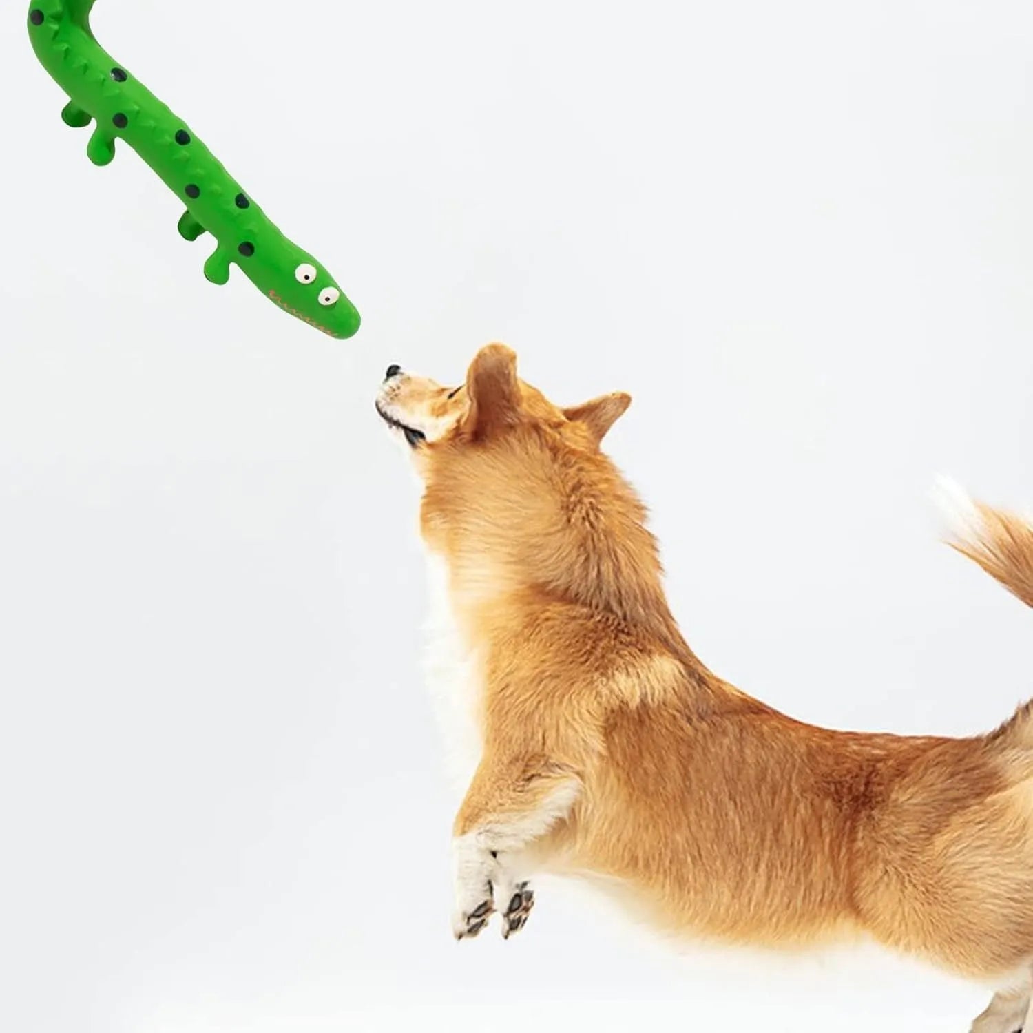 Green cartoon lizard-shaped dog chew toy with squeaker for aggressive chewers