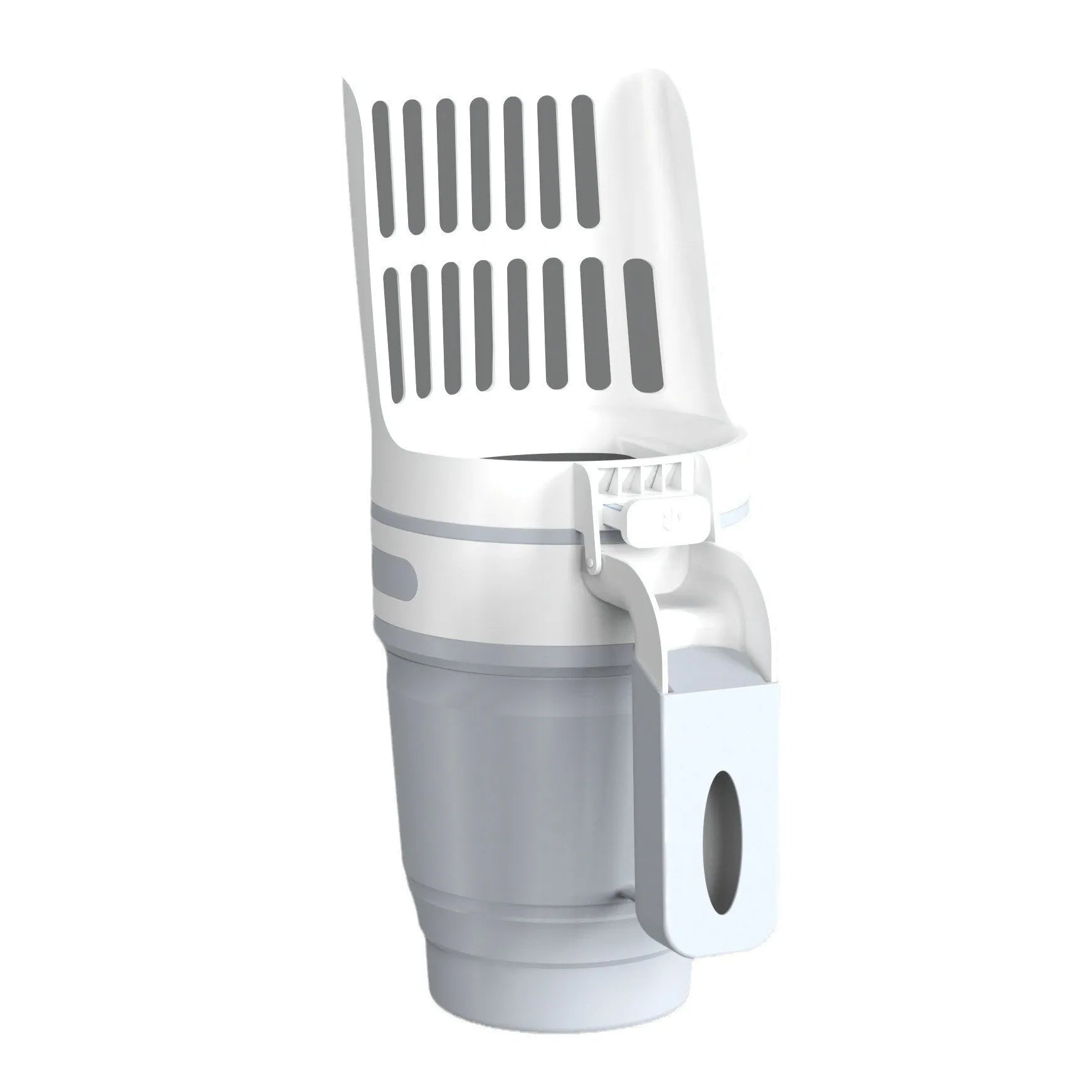 Grey self-cleaning cat litter scoop with attached waste bin and foldable bottom