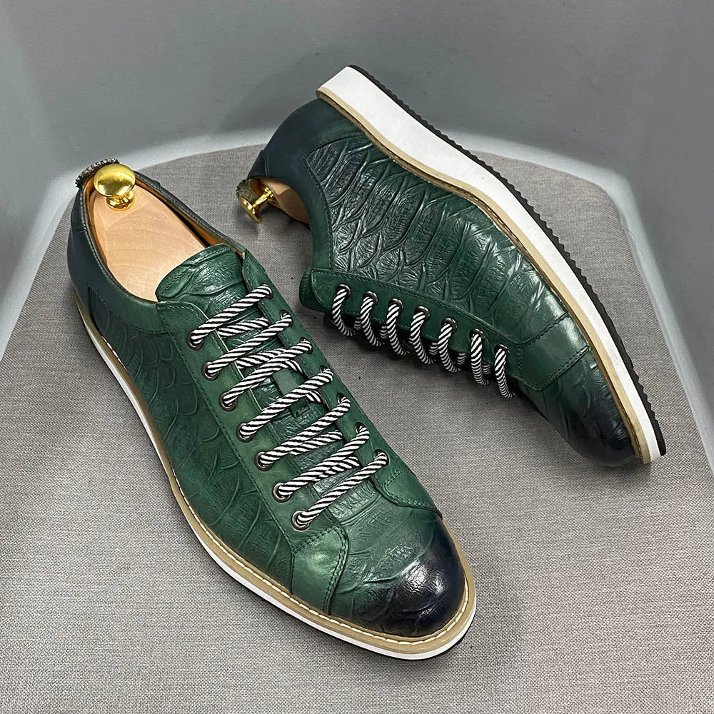 Men's fashion shoes with embossed pattern, low-tube design, and front tie closure in multiple colour options