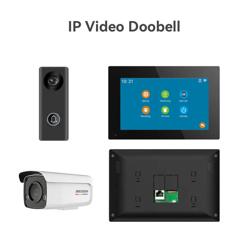 1080P video intercom doorbell system with outdoor unit and 10-inch indoor display monitor.
