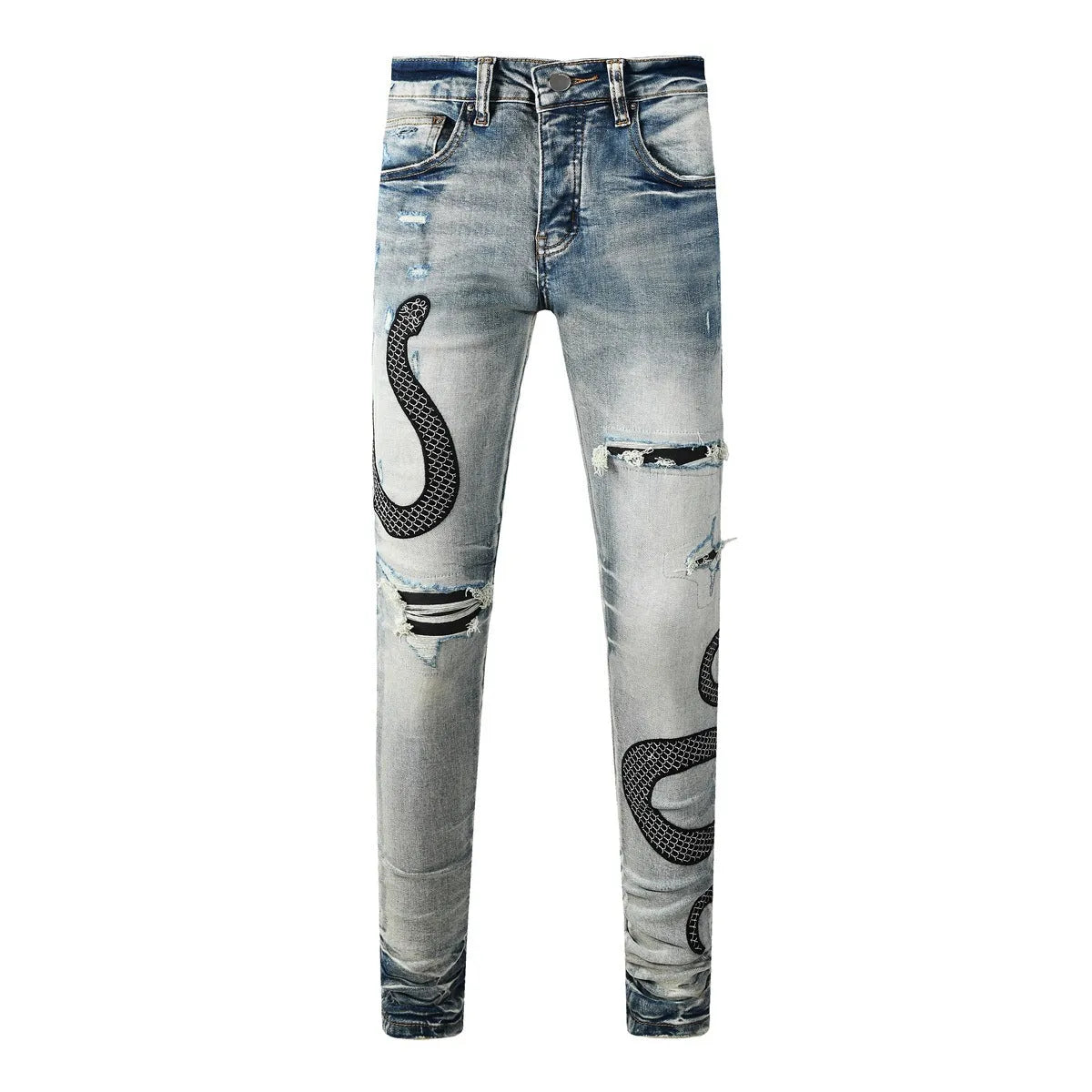 Blue distressed skinny jeans with button fly and tapered leg in street fashion style