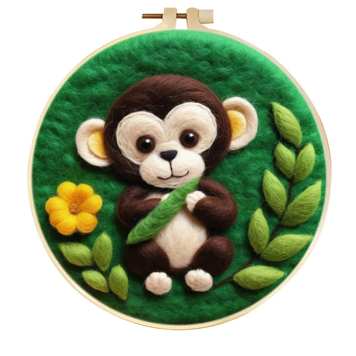 Round linen embroidery kit with wool felt pieces for 3D flowers and leaves, includes a free frame.