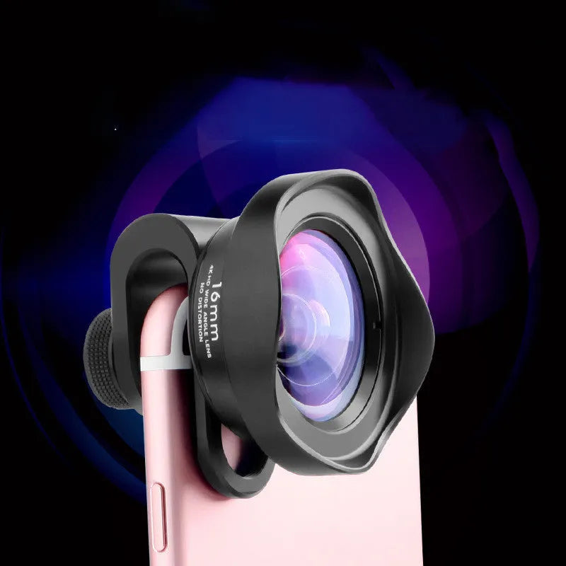 16mm wide angle external SLR lens with aluminium U-clamp on smartphone, 0.5x magnification