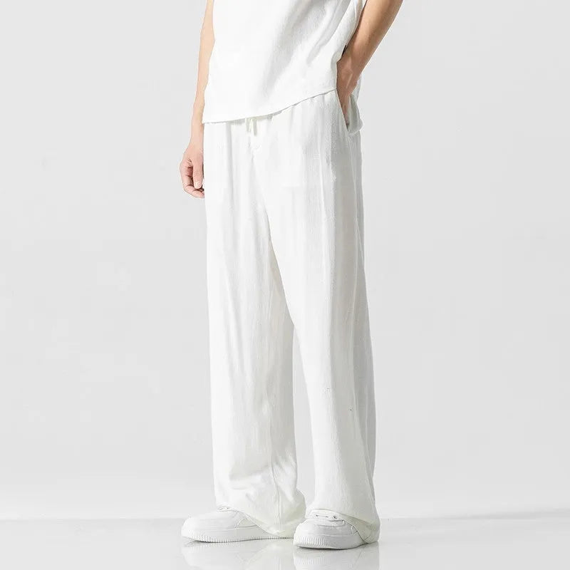 Men's bamboo fibre linen trousers in straight leg cut with cropped length and drawstring waist