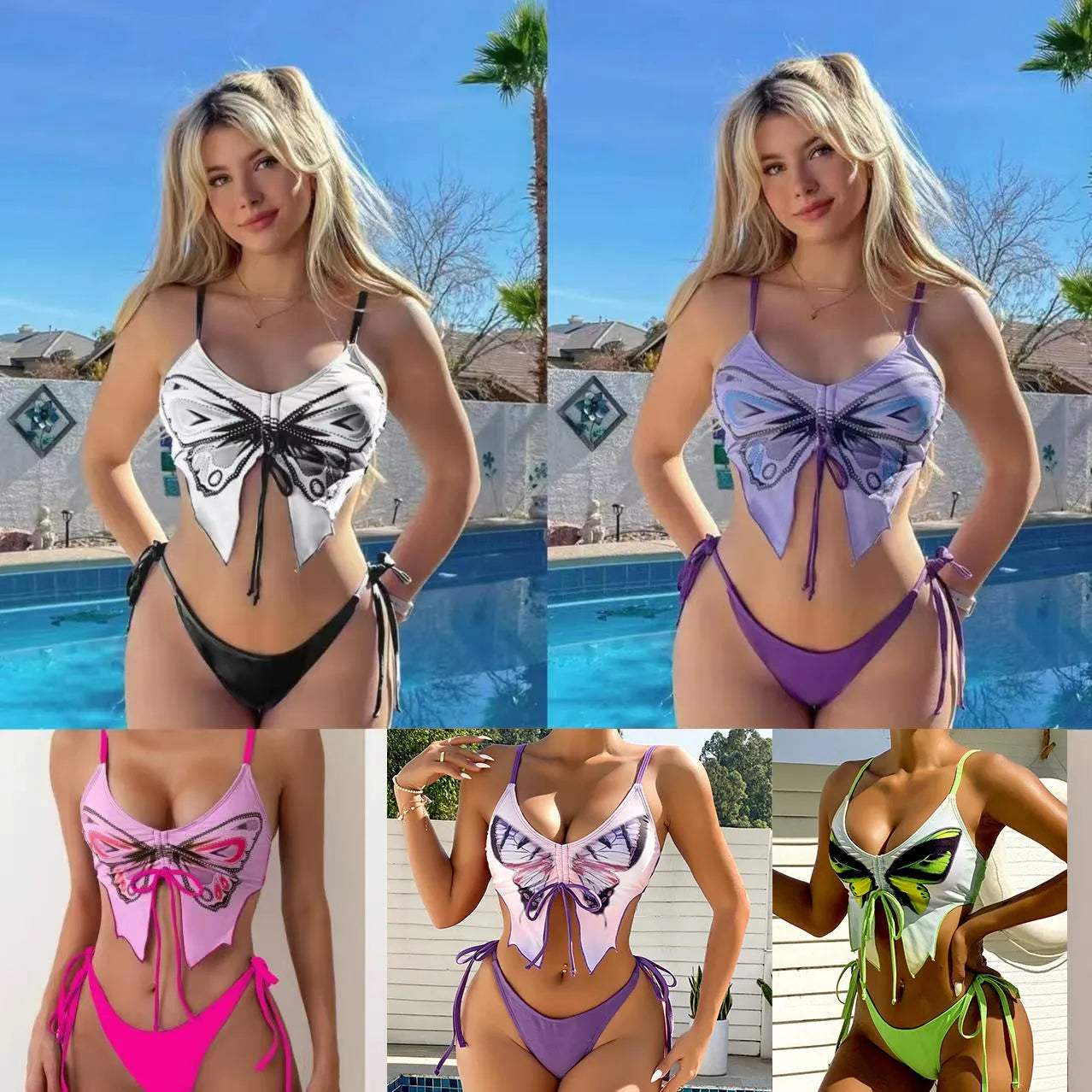 Women's sleeveless split bikini set with bow detail in multiple colour options