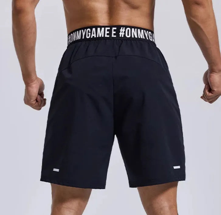Men's loose sports shorts in black blue grey colours with elastic waist and letter detailing