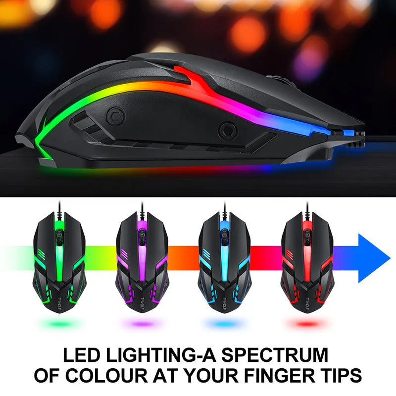 Wired USB keyboard and mouse bundle with gaming headset and mouse pad on desktop