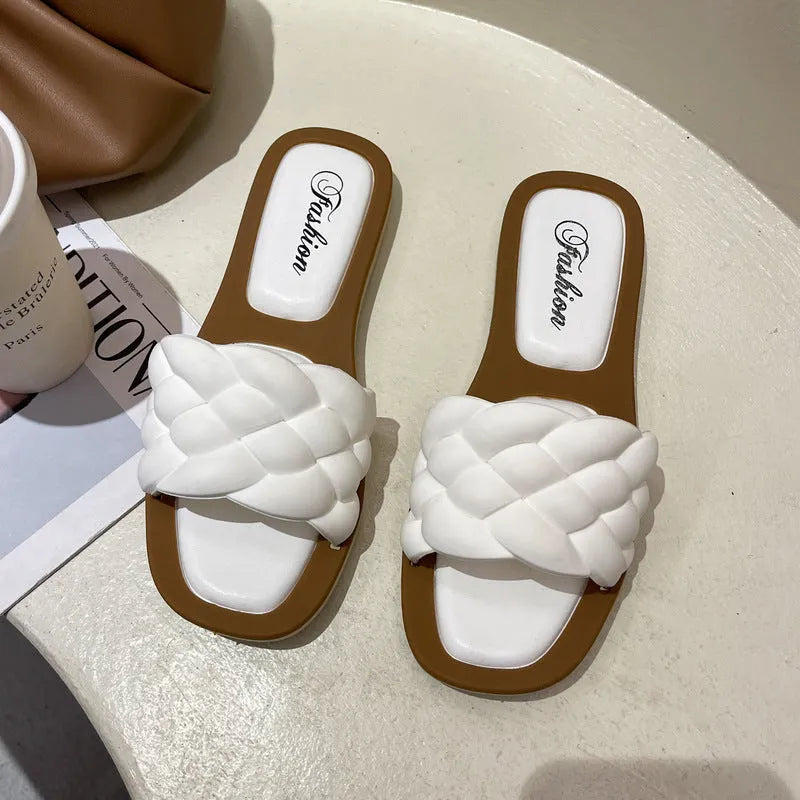 Women's plaid pattern beach sandals with thick anti-skid PVC soles in black, green, orange and white colours