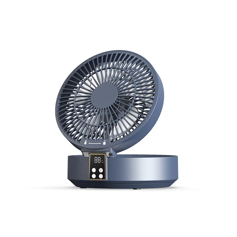 White portable electric fan with remote control showing folded design and night light function
