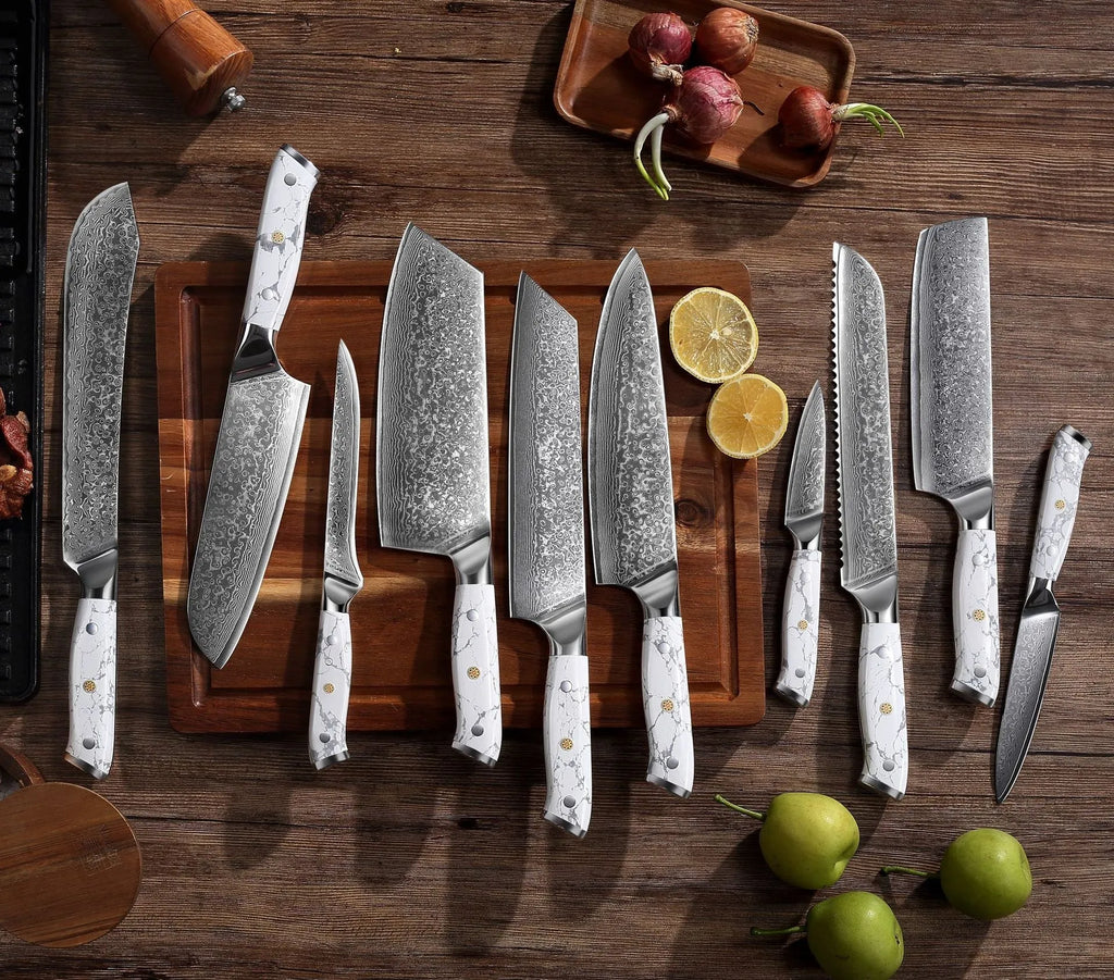 Damascus pattern VG10 steel combined chef knife with 21cm blade on wooden surface