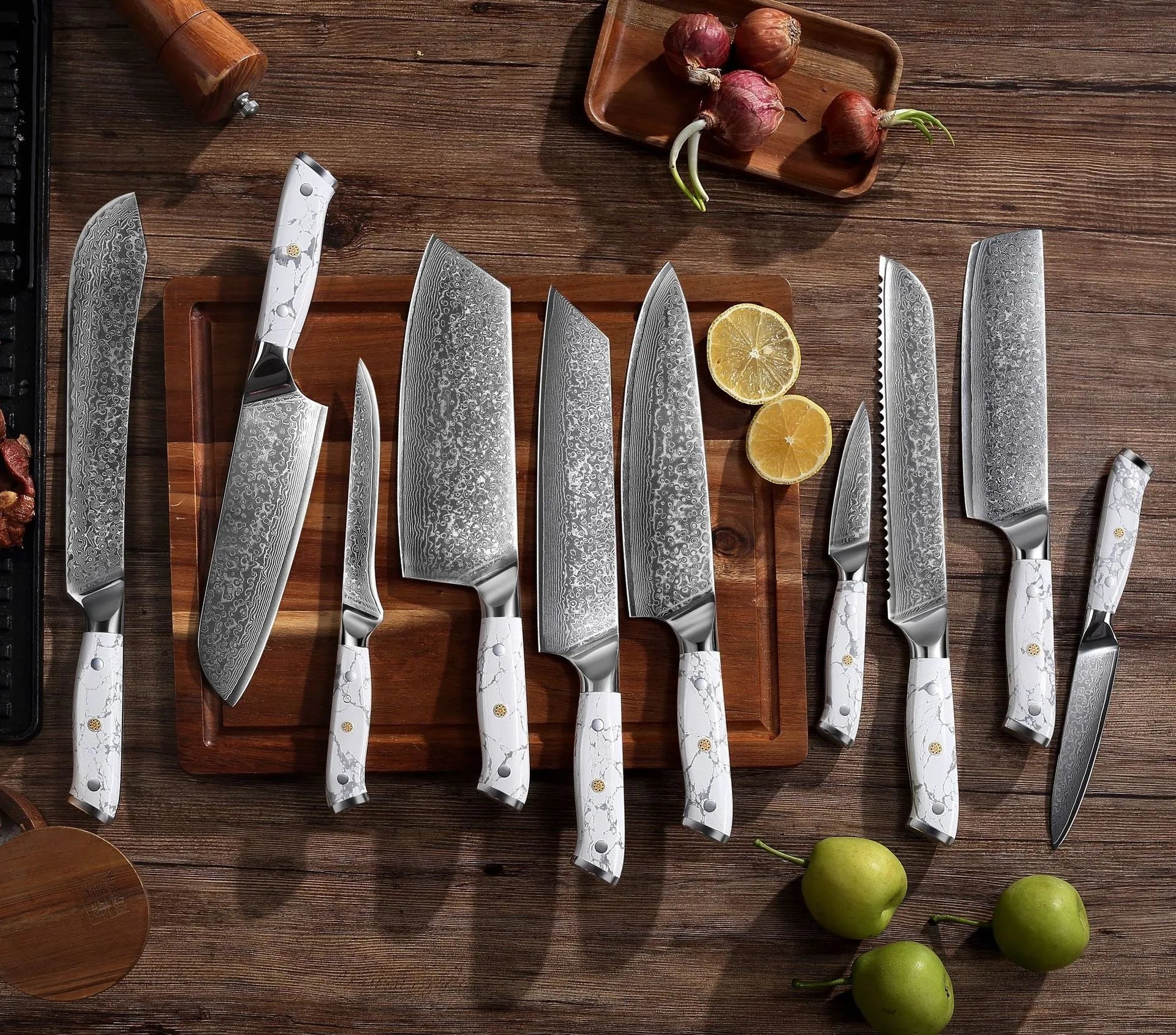 Damascus pattern VG10 steel combined chef knife with 21cm blade on wooden surface