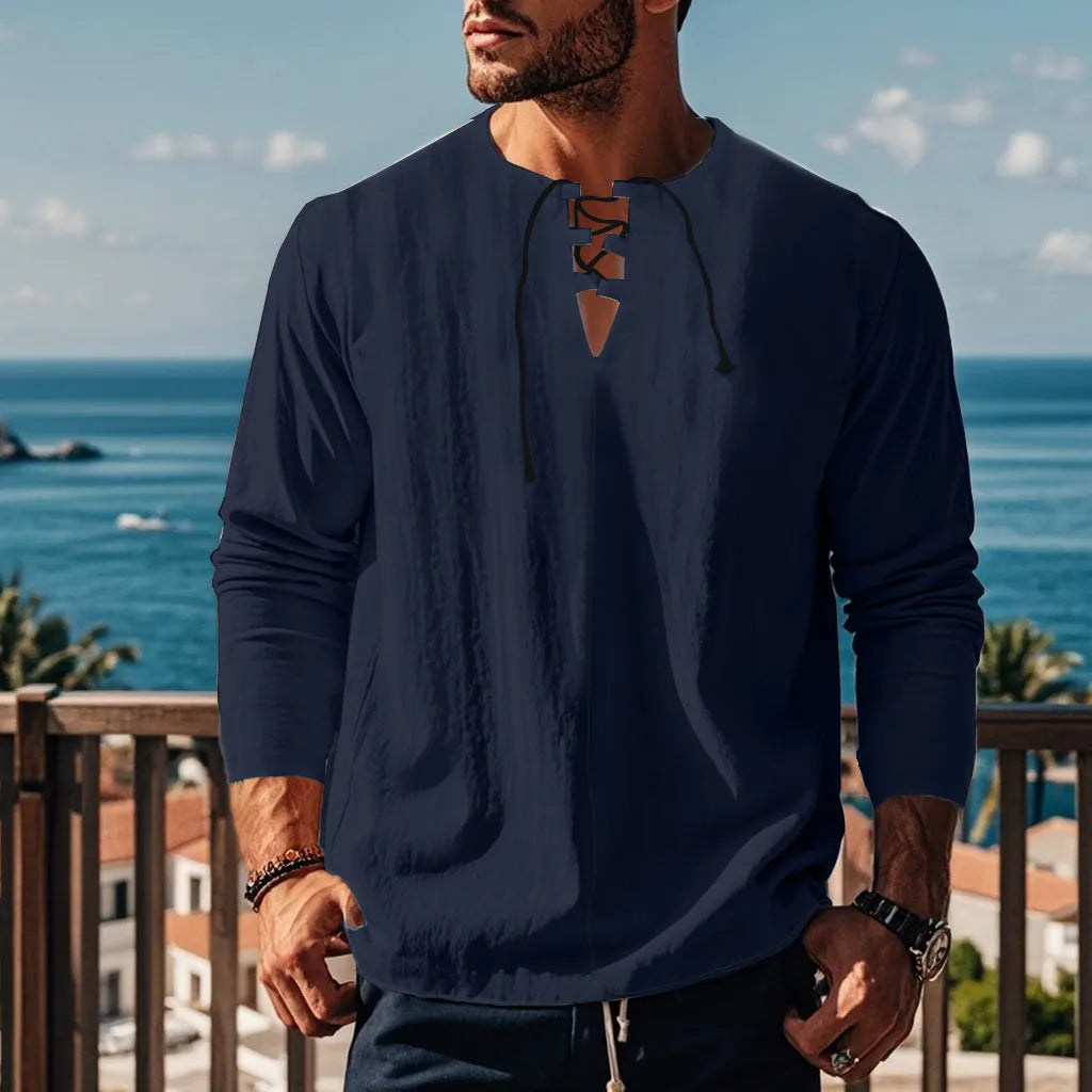 Men's solid colour cotton linen blend loose fit pullover shirt on a hanger.