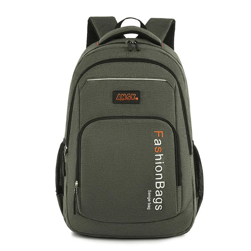 Nylon fashion backpack showing front view with multiple compartments and adjustable shoulder straps