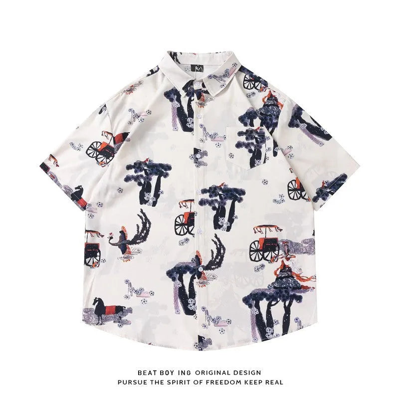 Loose fit short sleeve shirt with an all-over floral print, styled like a cardigan.