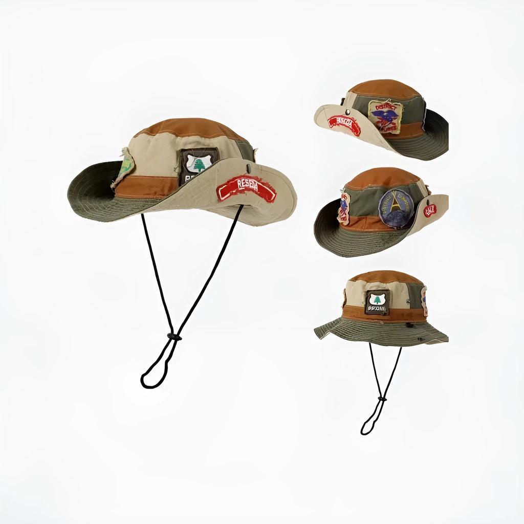 Army green cotton fisherman hat with flat top crown and patchwork detailing