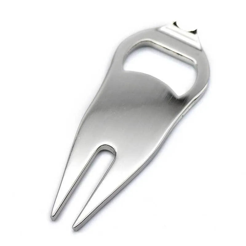 Zinc alloy golf accessory with ball yoke, bottle opener, and turf tool functions in black finish
