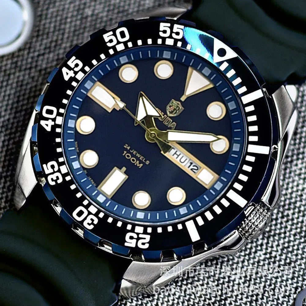 Men's waterproof luminous quartz watch with blue case and steel strap showing sporty 15mm design