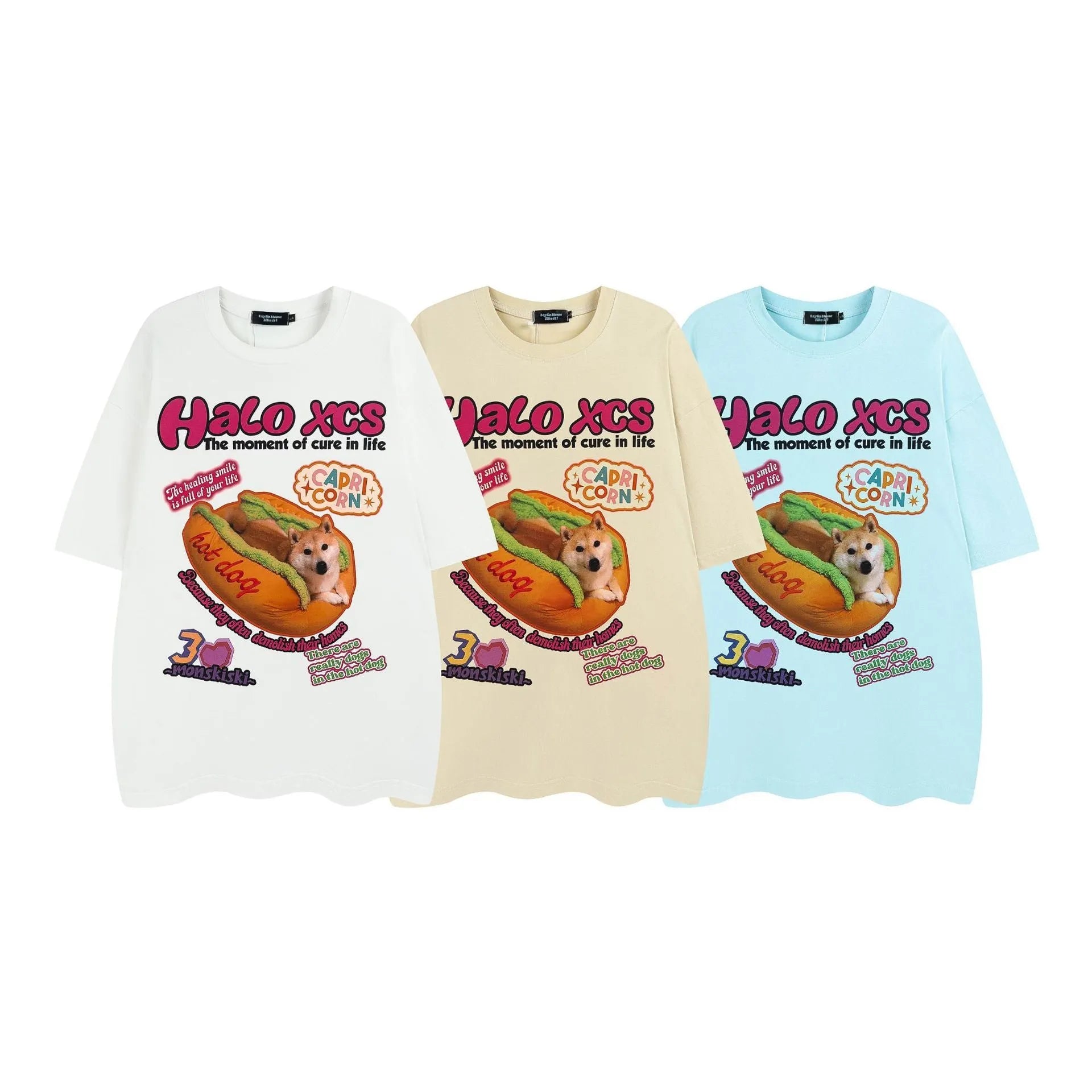 Cartoon hamburger dog printed cotton t-shirt in loose style with short sleeves