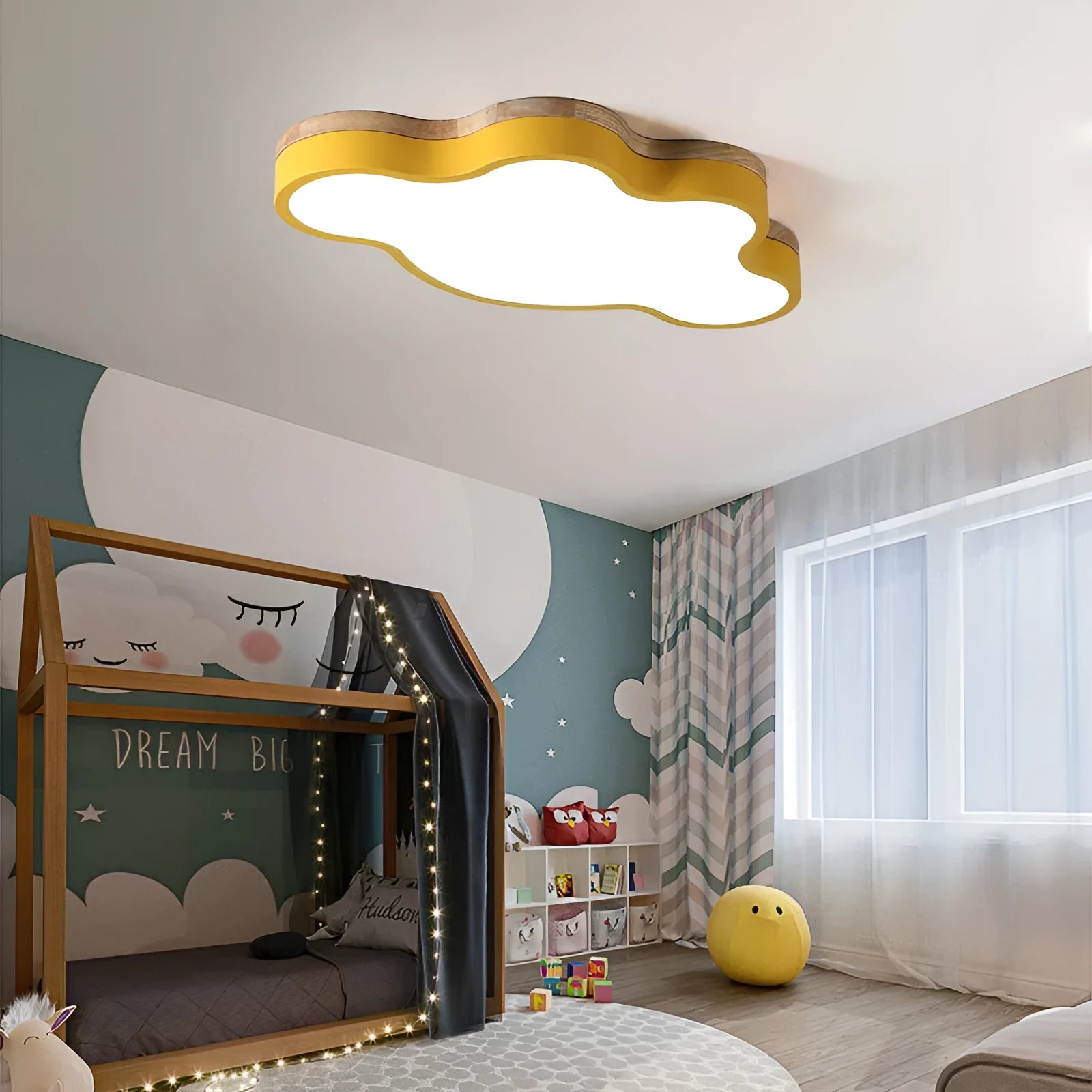 Modern cloud ceiling LED light with wooden shade in choice of four colours and two sizes