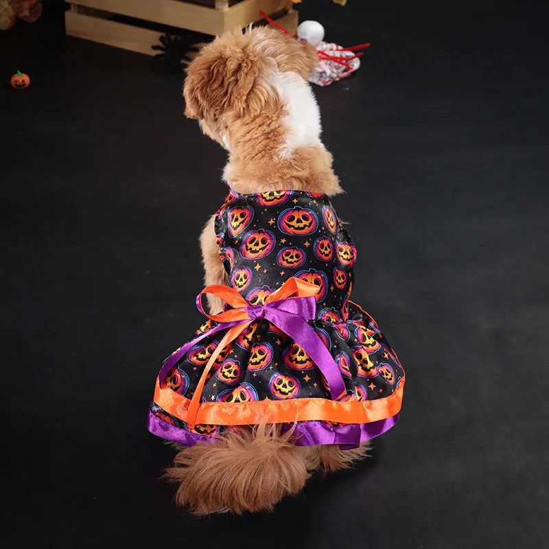 Halloween dog skirt with colourful pumpkin or skull print in polyester fabric